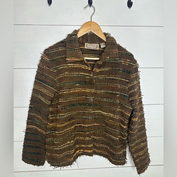 Life Style Jackets & Blazers - Life Style Womens Large Boho Textured Jacket Brown Fringe Cropped Southwest